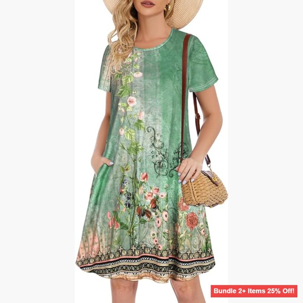 Summer Casual Swing Dress with Pockets, Loose Fit, Knee Length